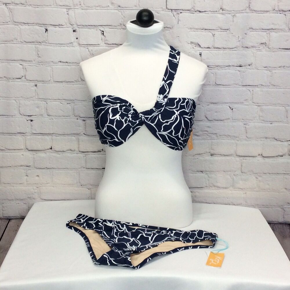 Kona Sol Bikini Women’s Sz Lg 2 Piece Bathing Suit Navy & White Floral Swirl NWT